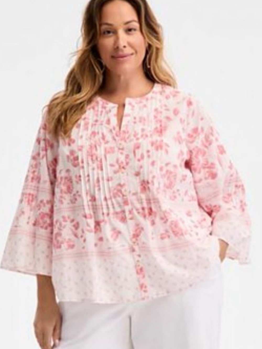 Women’s Pink Floral Pintuck Peasant Top